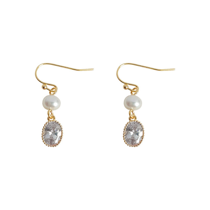 Oval Diamond Pearl Drop Hook Earrings, French Light Luxury Long Face Slimming Dainty Earrings