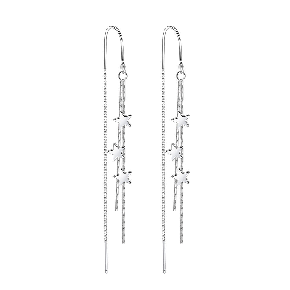 Multi-Layer Star Long Tassel Hook Earrings, Triple Star Snake Chain Slimming Sweet Silver Dangle Jewelry