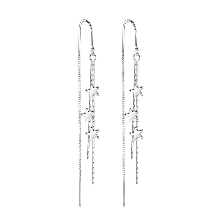Multi-Layer Star Long Tassel Hook Earrings, Triple Star Snake Chain Slimming Sweet Silver Dangle Jewelry
