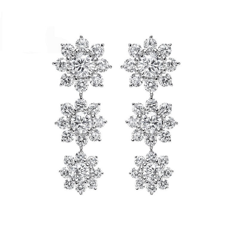 Three-Tier Snowflake Cluster Diamond Long S925 Silver Dangle Earrings, Gorgeous Full Stone Drop Earrings for Banquet
