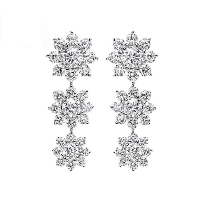 Three-Tier Snowflake Cluster Diamond Long S925 Silver Dangle Earrings, Gorgeous Full Stone Drop Earrings for Banquet