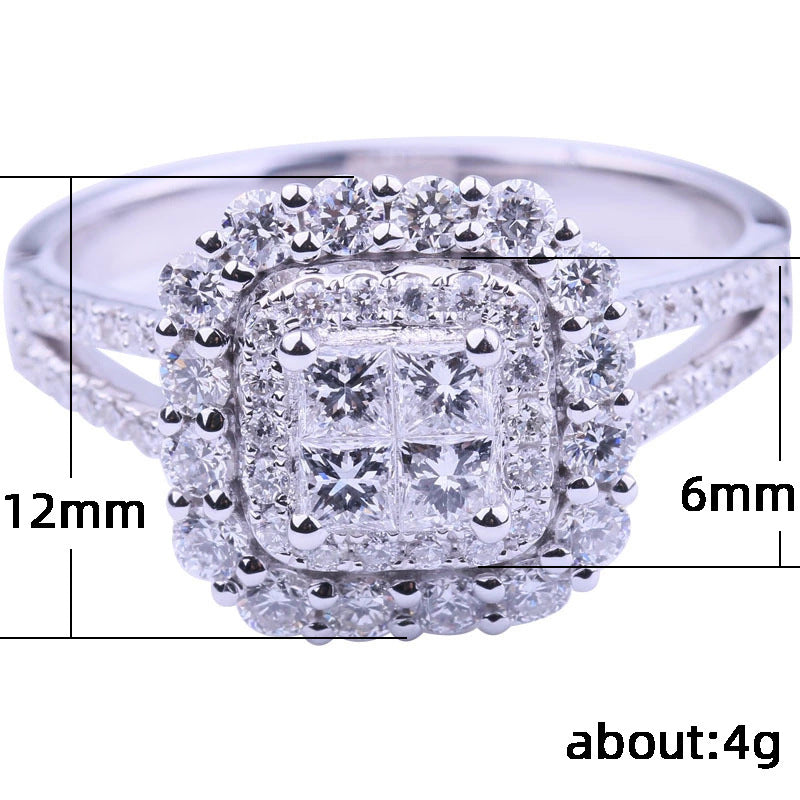 Emerald Cut Halo Paved Ring, Gold & Silver Luxury Double Shank Engagement Wedding Band for Women