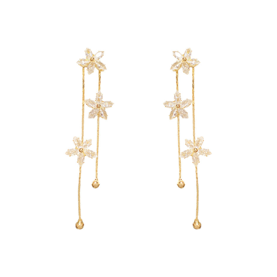 Three Diamond Flower Double Layer Tassel Stud Earrings, Floral Long Drop Gold Dainty Fairy Dangle Jewelry