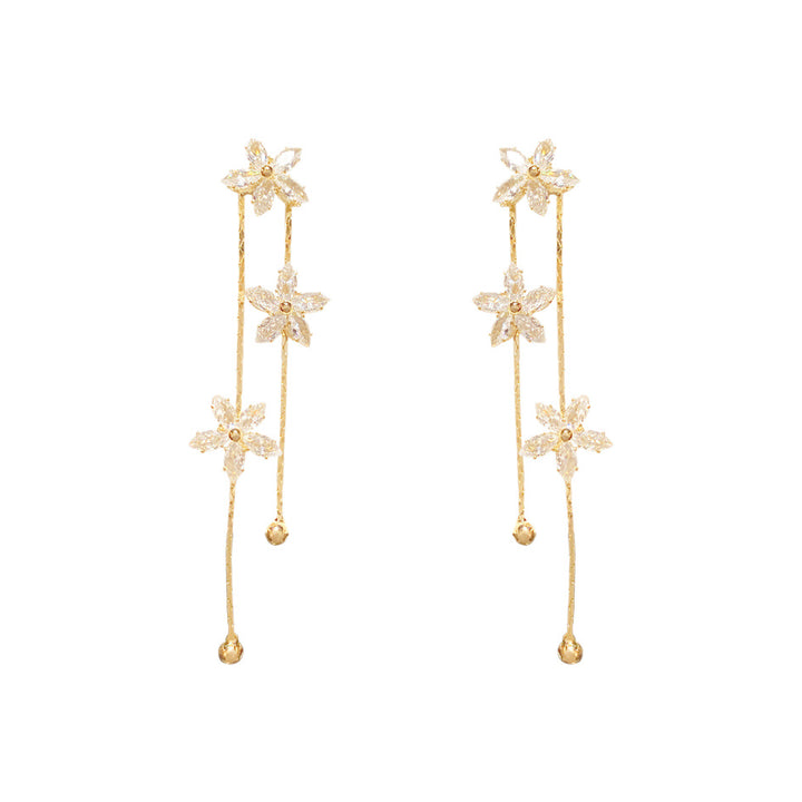 Three Diamond Flower Double Layer Tassel Stud Earrings, Floral Long Drop Gold Dainty Fairy Dangle Jewelry