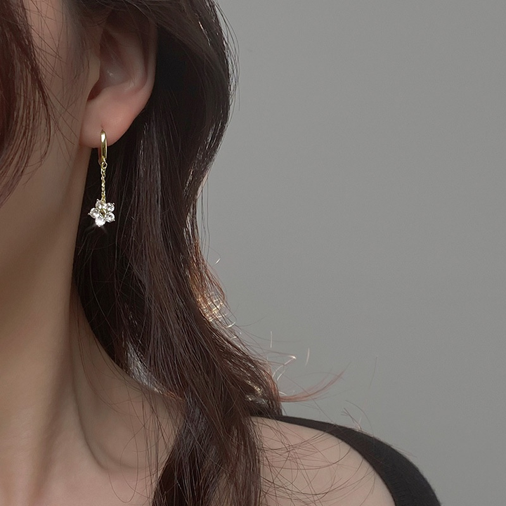 Diamond Flower Drop Huggie Hoop Earrings (2 Colors Delicate Dangle Earrings)
