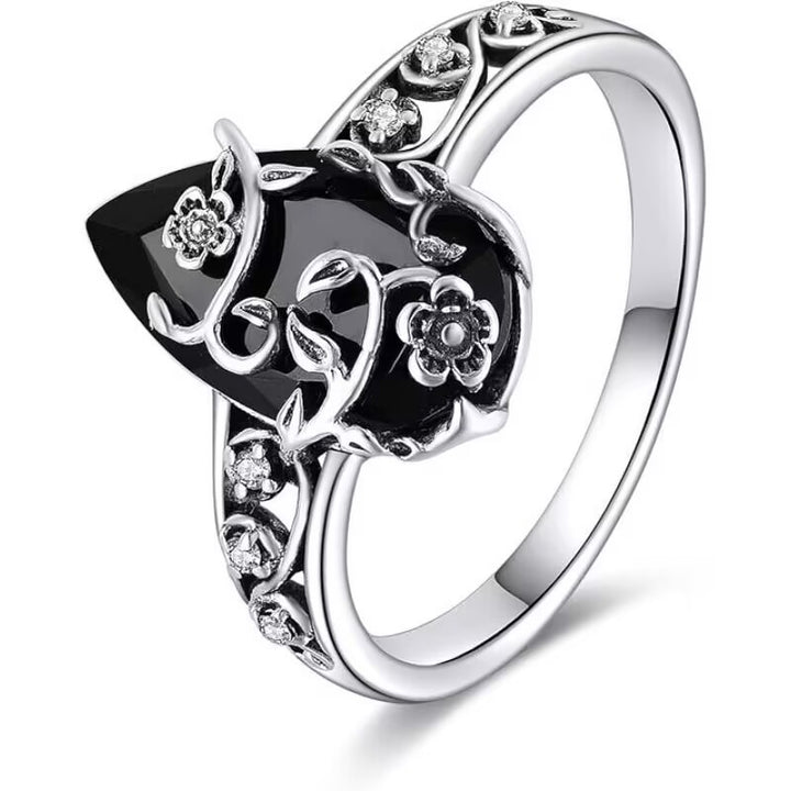 Vintage Vine Black Agate Ring (Light Luxury Niche Dark Style Band)