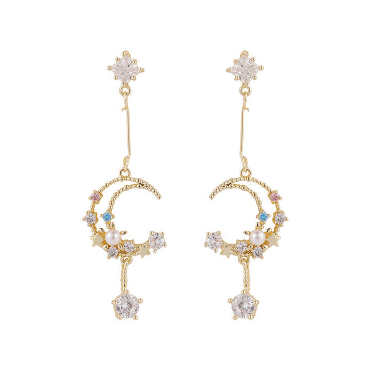 S925 Silver Star & Moon Color Diamond Pearl Drop Earrings, Dreamy Hollow Crescent Long Dangle Earrings
