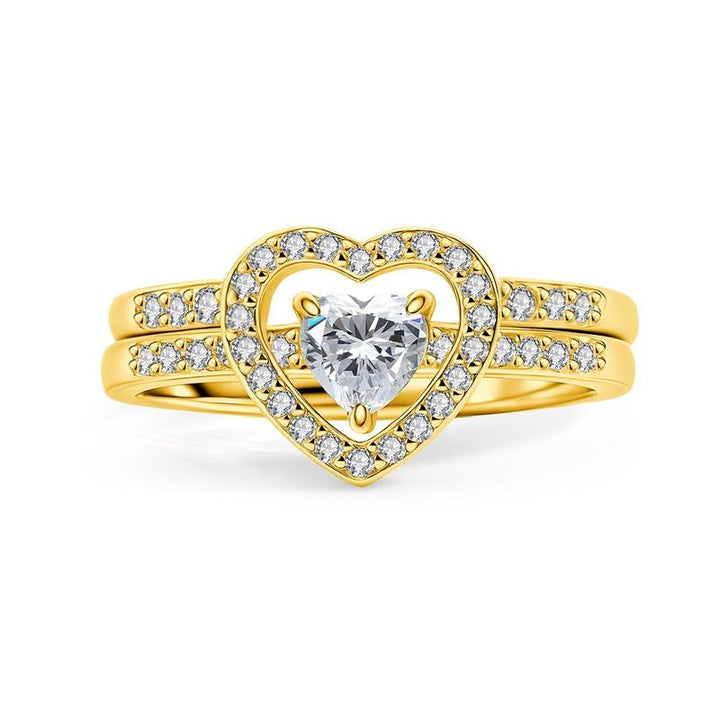 Double Heart Diamond Hollow Halo Ring Set (Luxury Romantic Engagement Band Set)