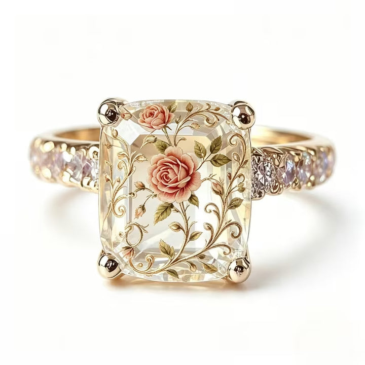 Vintage‑Style Inner‑Carved Rose Square Stone Ring, S925 Silver Elegant Floral Court‑Style Ring