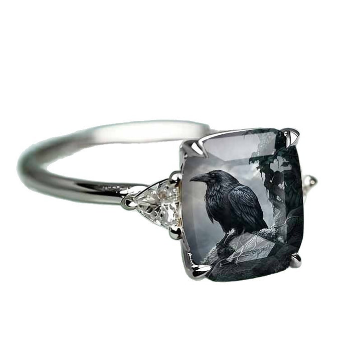 Rectangle‑Shape Crow Printed Ring, Two‑Tone Options