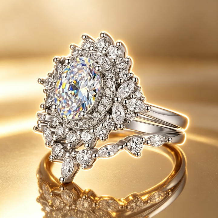 Oval‑Center‑Stone Sunflower Halo Stackable Ring Set