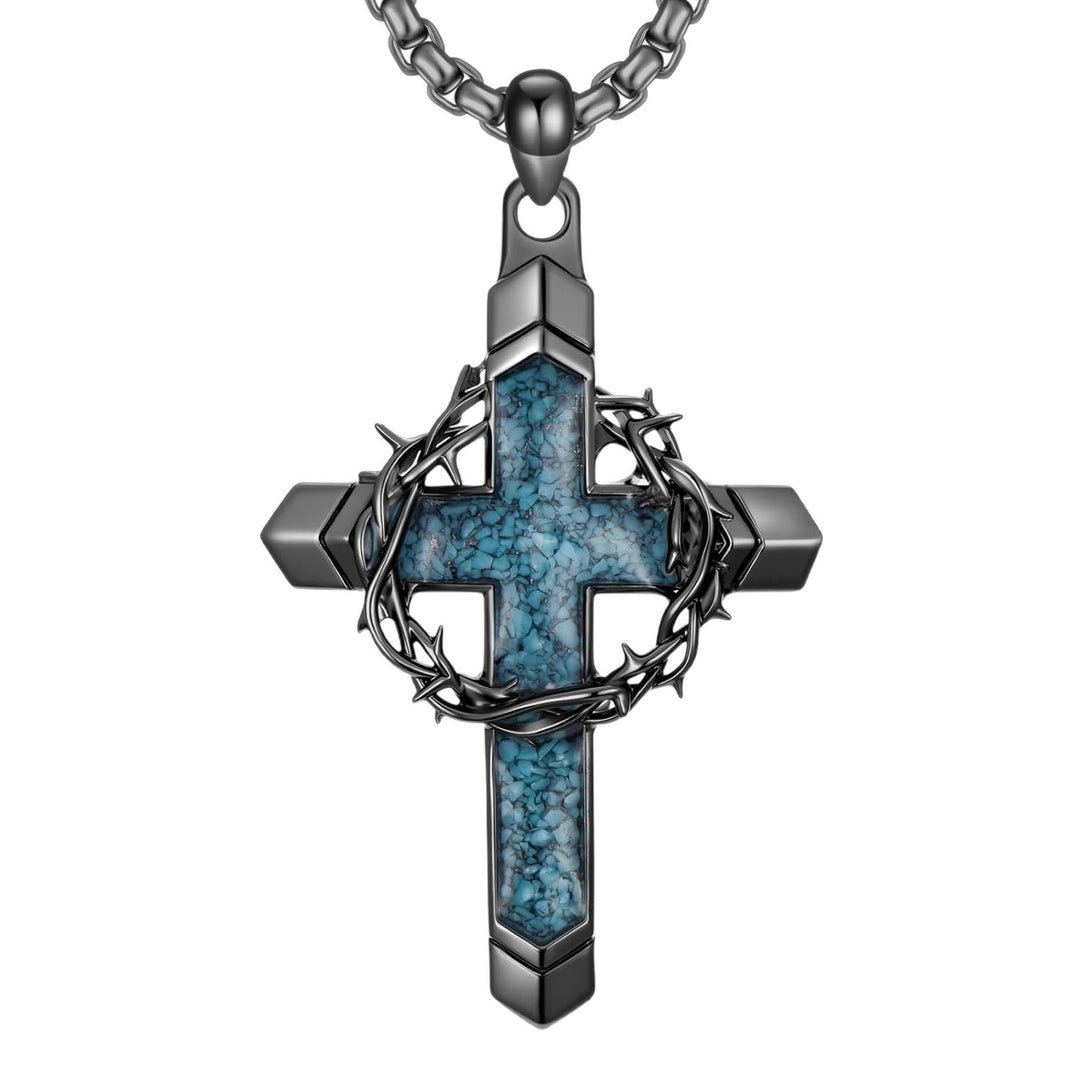 Thorn Wrapped Turquoise Chip Cross Necklace, Gold & Silver Vintage Punk Necklace for Men