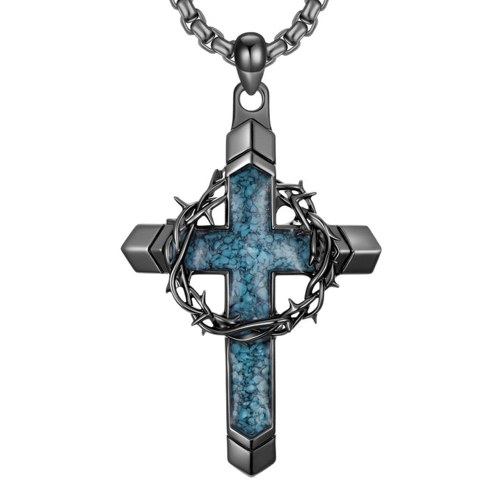 Thorn Wrapped Turquoise Chip Cross Necklace, Gold & Silver Vintage Punk Necklace for Men