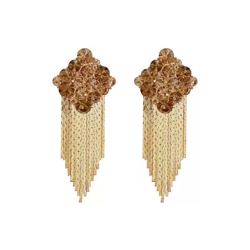 S925 Silver Multi-color Cluster Diamond Tassel Long Drop Earrings, Luxurious Slimming Earrings for Banquet