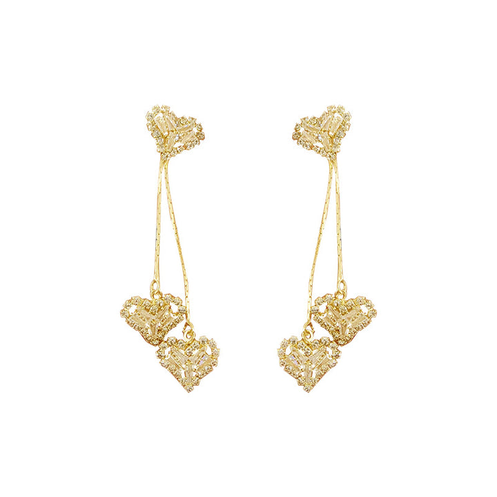 Luxury Hollow Heart Tassel Diamond Drop Earrings (Gold Tone Elegant Long Statement Earrings)