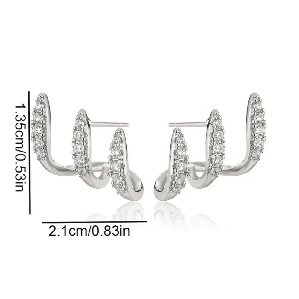 Three‑Row Curved Full‑Paved S925 Silver Stud Earrings, Multi‑Layer C‑Shape Wrap Earrings, Silver & Gold Two‑Tone
