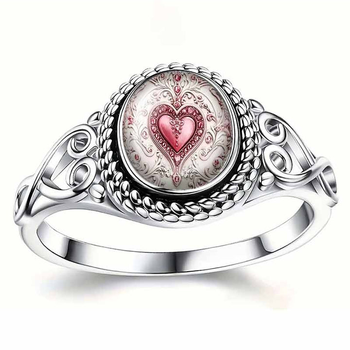 S925 Silver Vintage Heart‑Print Gemstone Ring, Openwork Scroll Pattern Unique Ring for Women