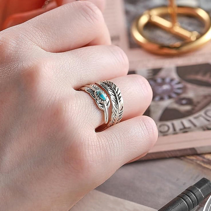 Vintage Feather Turquoise Open Adjustable Ring, Ethnic Antique Silver Unisex Wrap Statement Ring