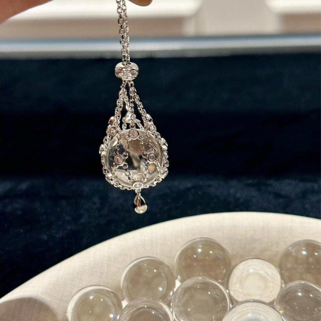 Crystal Ball "Wish Net" Pendant Necklace (Minimalist Silver Tone Clavicle Chain)