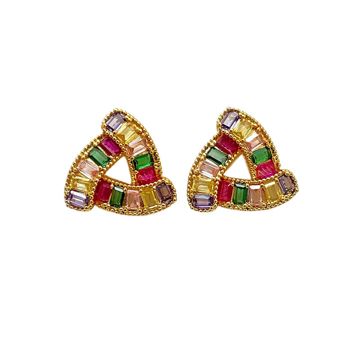 Colorful Diamond Triangle Hollow Stud Earrings, Gold & Silver Tone Rainbow Crystal Jewelry