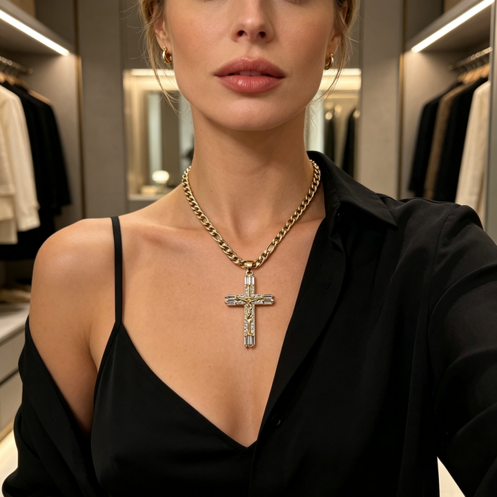 Baguette Crystal Jesus Cross Pendant Necklace, Vintage Iced Cross Necklace