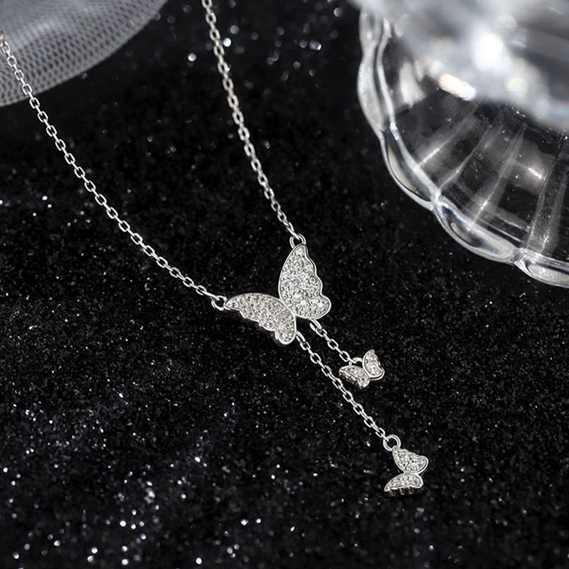 Pavé Triple Butterfly Tassel Necklace, Multi-Size Butterfly Drop Collarbone Chain, Gold & Silver Options