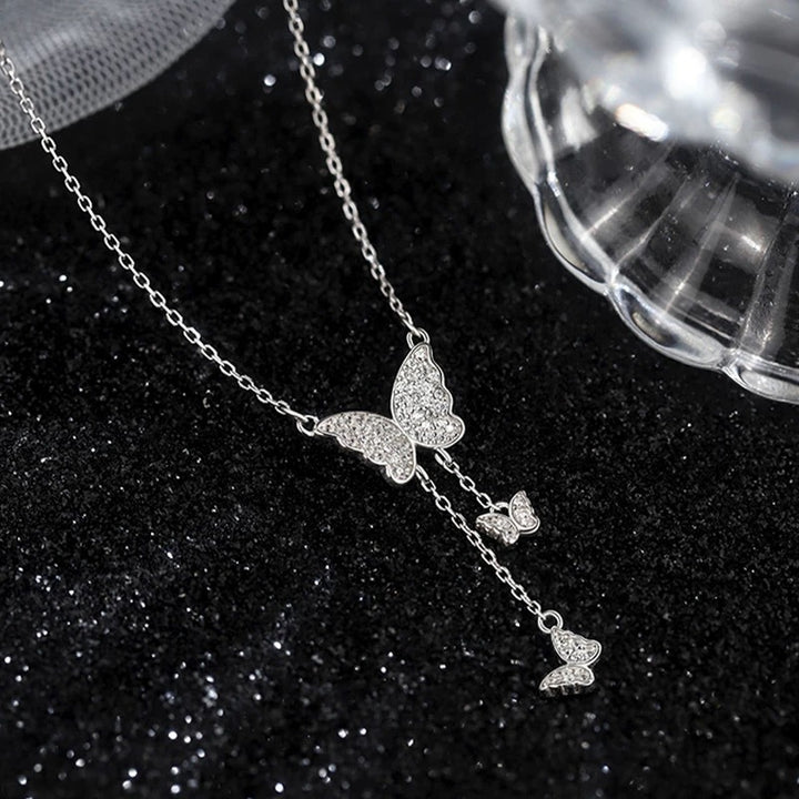 Pavé Triple Butterfly Tassel Necklace, Multi-Size Butterfly Drop Collarbone Chain, Gold & Silver Options