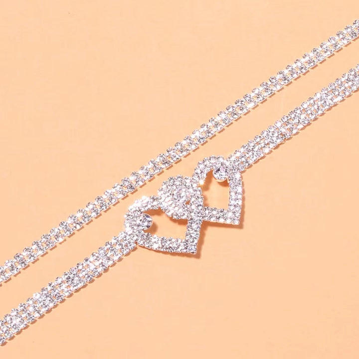 Double Layer Intertwined Heart Rhinestone Anklet, Women Sparkling Crystal Ankle Bracelet, Gold & Silver Two Colors
