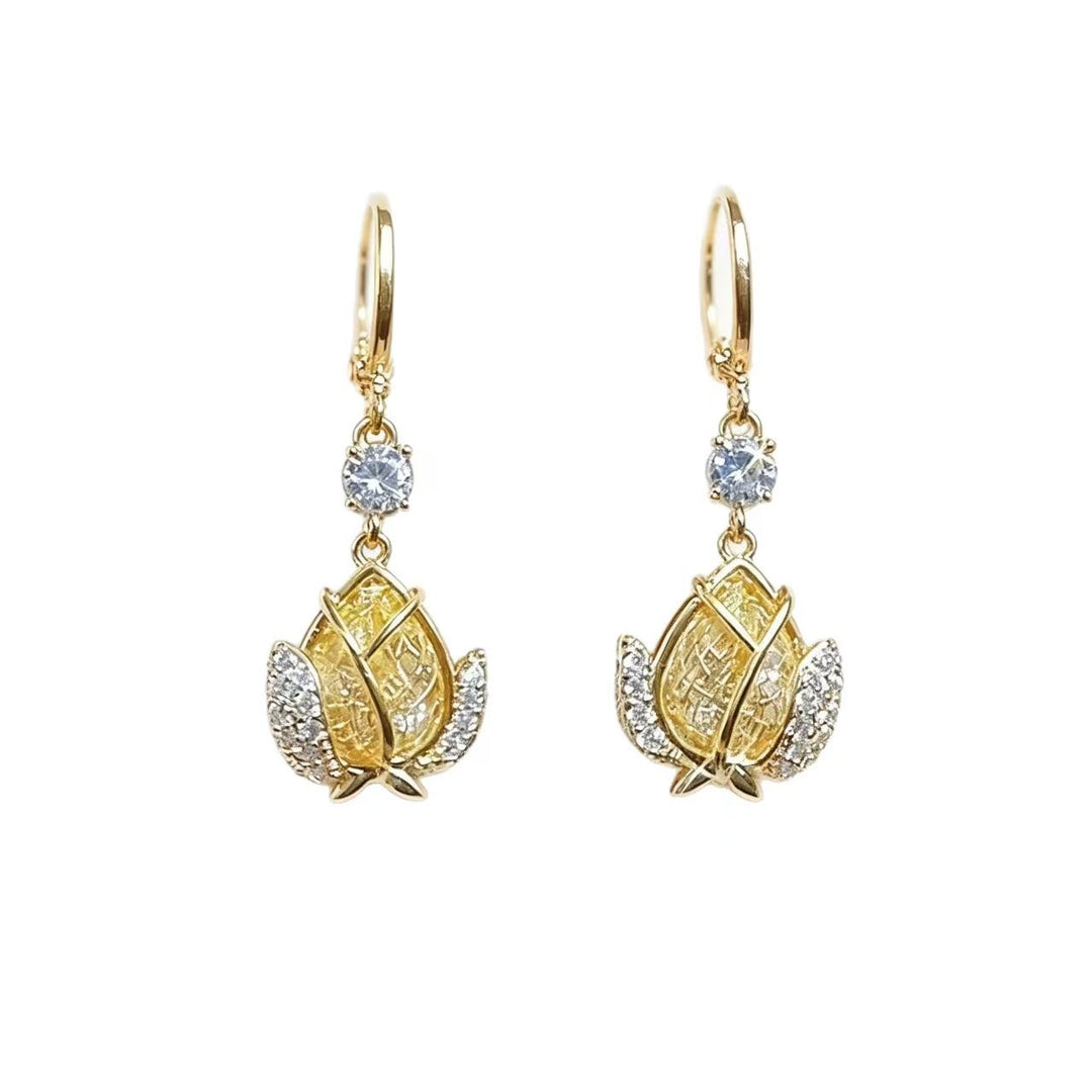 Hollow Tulip Diamond Hoop Earrings, Luxury Yellow Tulip Flower Dangle Earrings, Gold Elegant Earrings