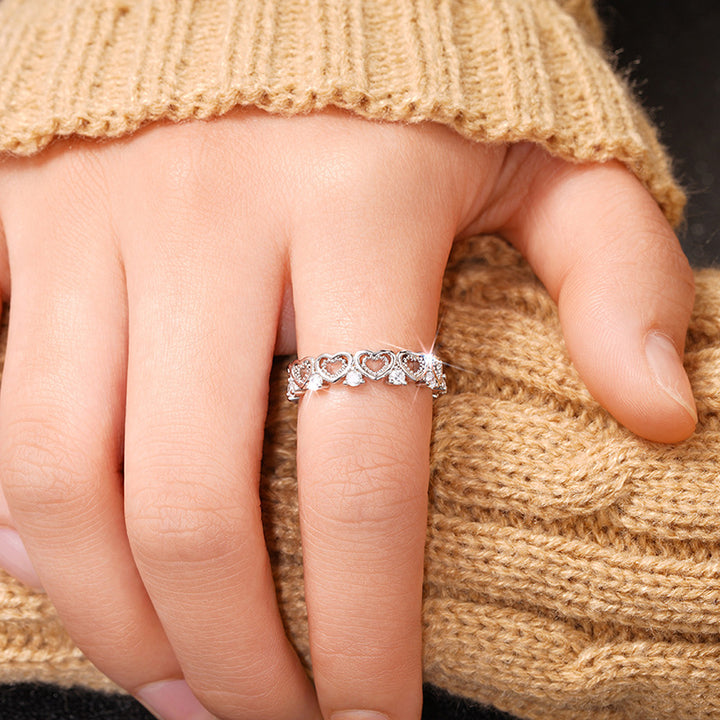 Hollow Heart Paved Diamond Eternity Band Ring, Gold & Silver Dainty Stackable Closed Ring for Women