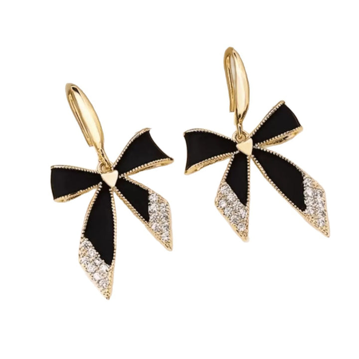 Black Enamel & Diamond Bow Drop Huggie Earrings (Gold Tone Elegant Statement Hoops)