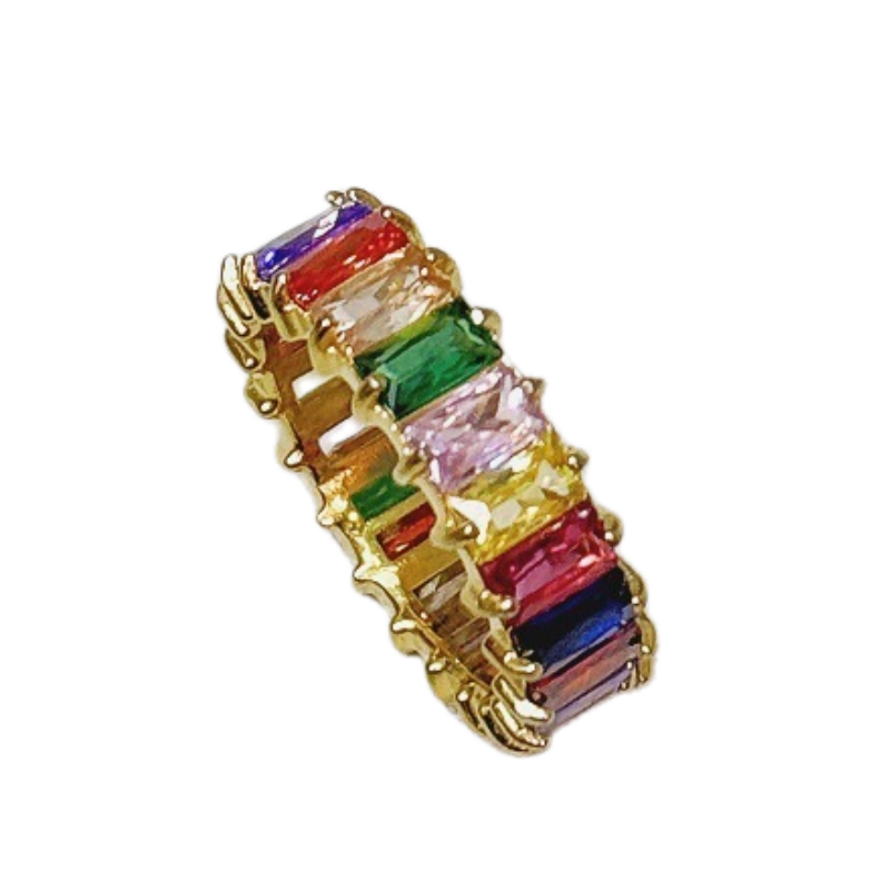 Baguette Cut Full Eternity Ring, Multi-Color Paved Diamond Gold & Silver Luxury Stackable Band