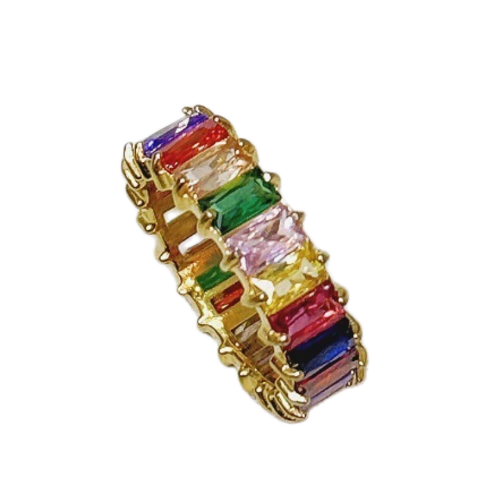 Baguette Cut Full Eternity Ring, Multi-Color Paved Diamond Gold & Silver Luxury Stackable Band