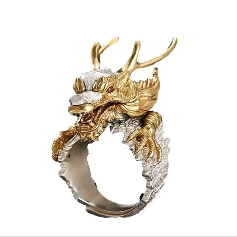 Two-Tone 3D Divine Beast Cloud Open Ring, S925 Silver Gold Plated Vintage Adjustable Wide Band For Men