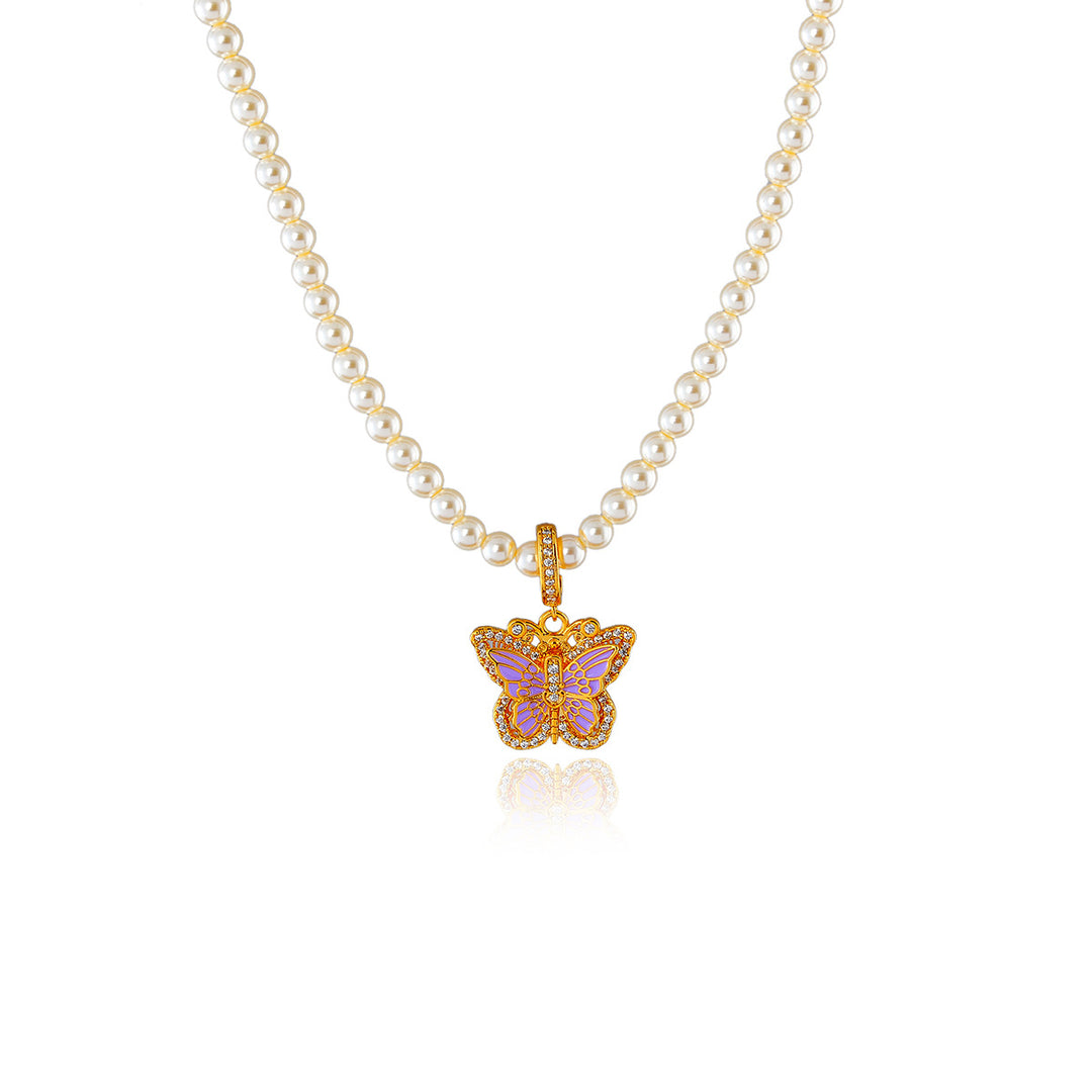 Vintage Enamel Butterfly Pearl Necklace, French Elegant Choker