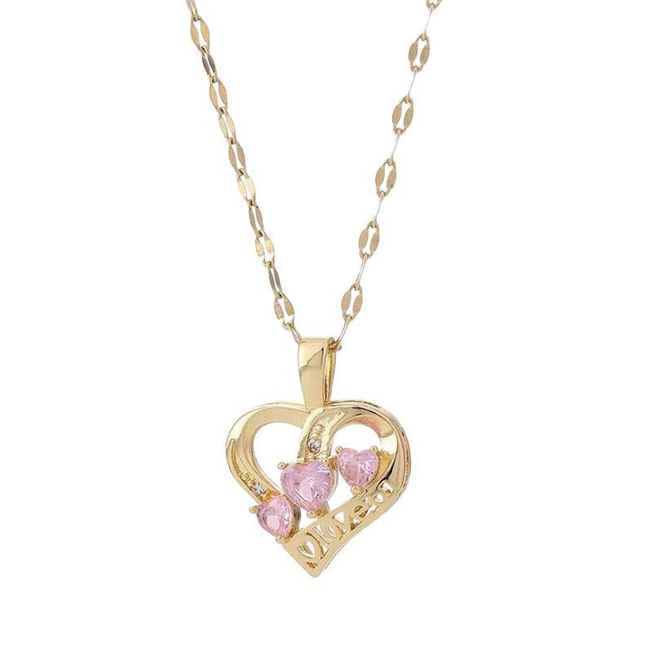 Hollow‑Out Heart‑Shaped Pendant Necklace With Three‑Heart Diamond, Two‑Color Options