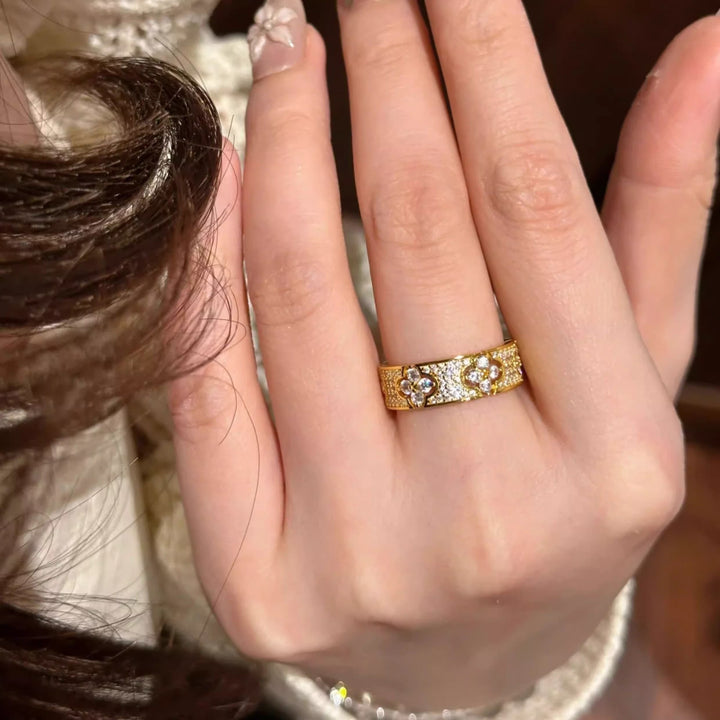 Vintage Paved Diamond Spliced Open Wide Ring, Gold & Silver Luxury Carved Adjustable Band for Women