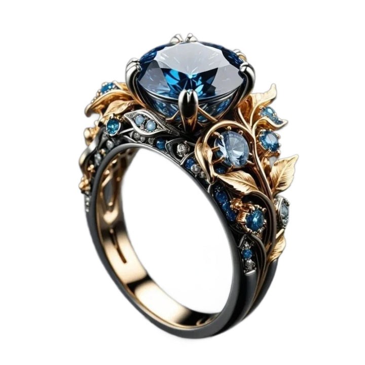 Two-Tone Gold Vine Leaf Sapphire 3D Carved Ring, Solid S925 Silver Black & Gold Vintage Forest Heavy Statement Band