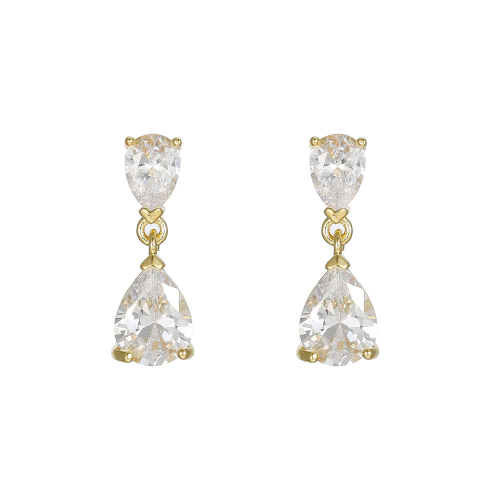 Double Teardrop Diamond Drop S925 Silver Earrings, Luxury Two Linked Pear Cut Diamond Long Dangle Earrings, Gold & Silver Two Tones