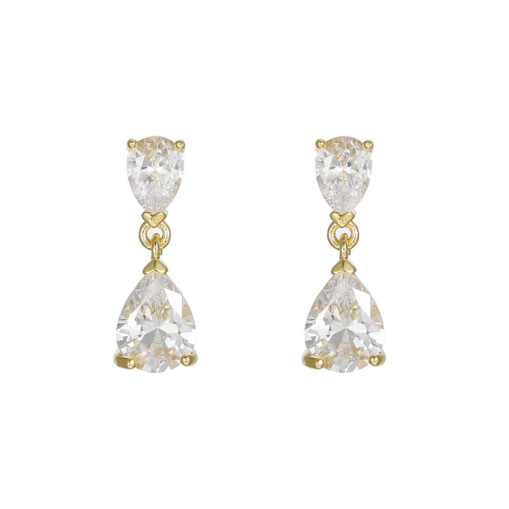 Double Teardrop Diamond Drop S925 Silver Earrings, Luxury Two Linked Pear Cut Diamond Long Dangle Earrings, Gold & Silver Two Tones