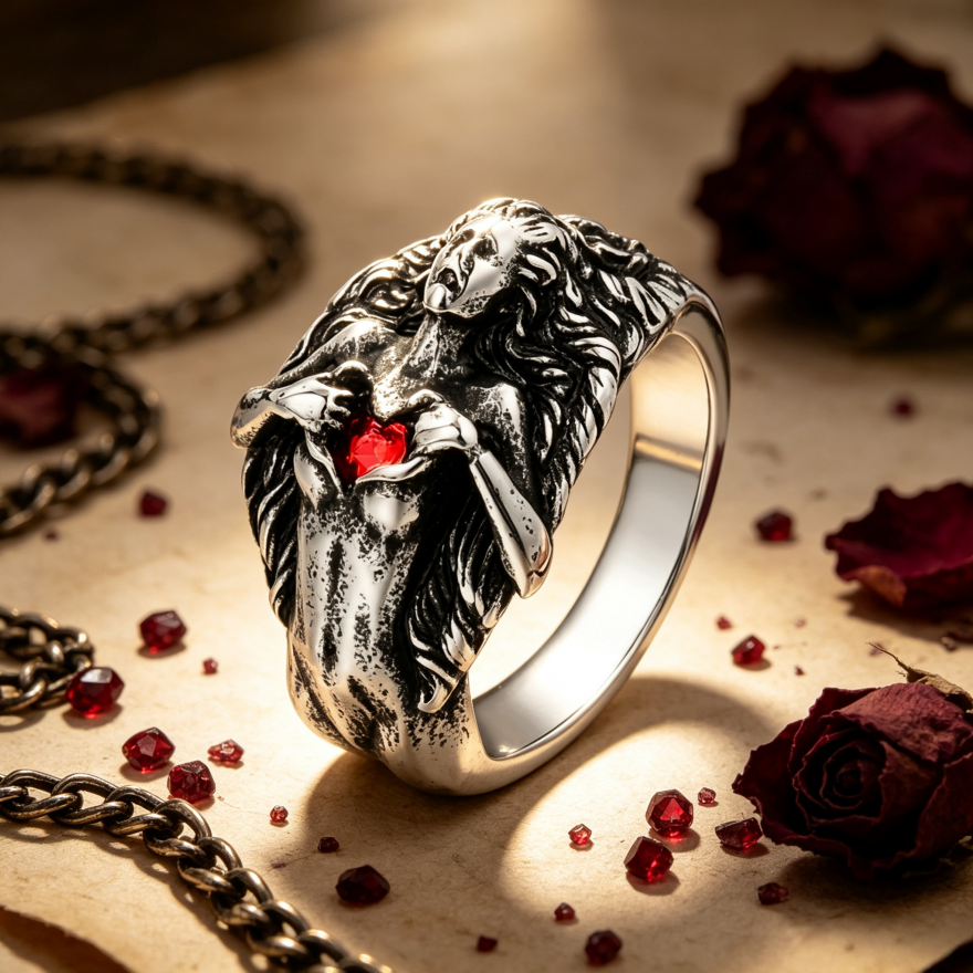Antiqued 3D Heart-Holding Goddess Embossed Wide Ring, S925 Silver Dark Gothic Art Figure Unisex Band