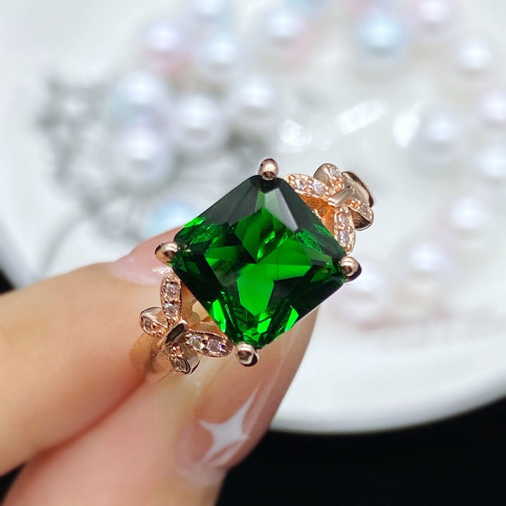 Square Green Main‑Diamond Butterfly Accent Rose‑Gold Ring