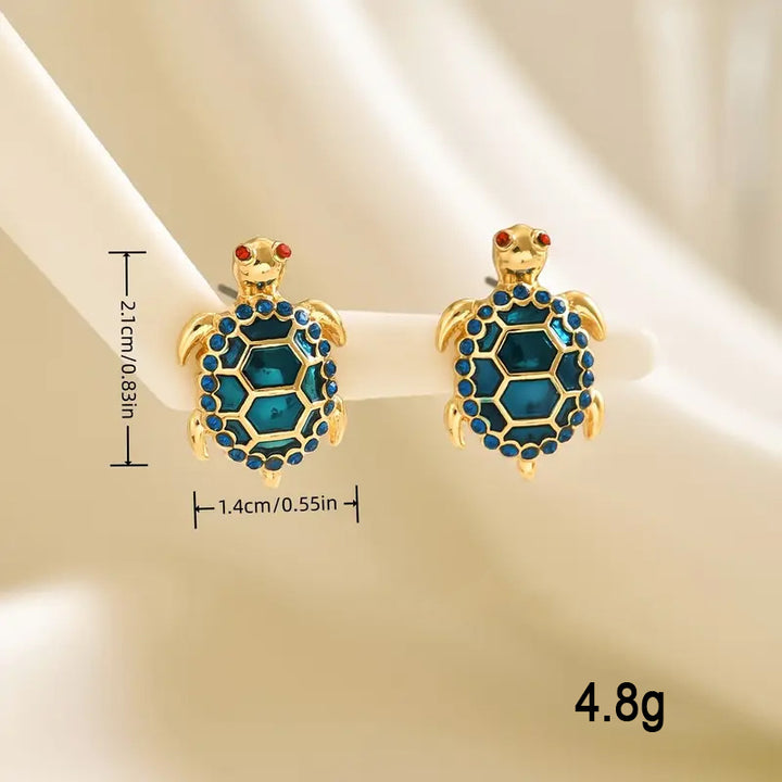 Vintage Enamel Turtle Stud Earrings, Ocean Style Paved Diamond 3D Animal Unique Earrings for Women