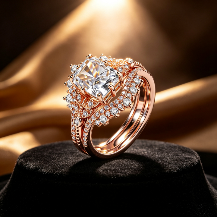 Rose‑Gold Square‑Cut Stackable Engagement Ring Set