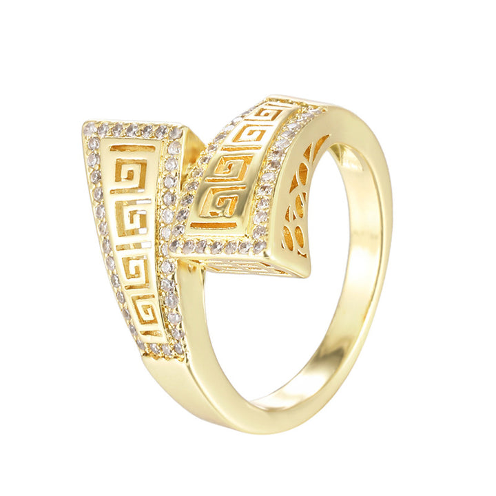Greek Key Hollow Wrap Ring, Gold Silver Vintage Engraved Damond Wide Band