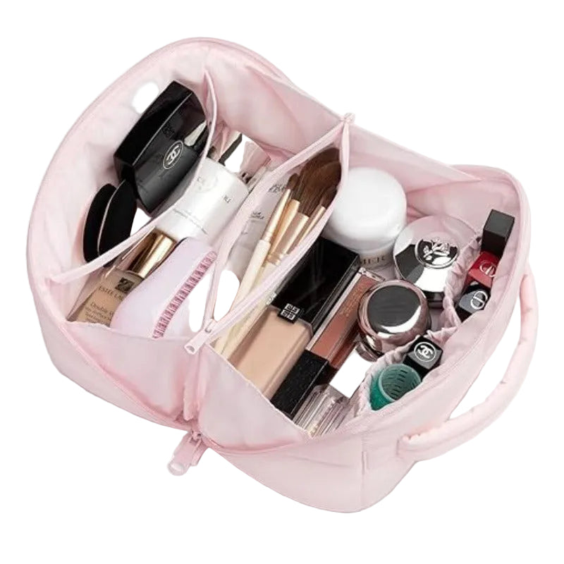 Solid Color Quilted Divided Handheld Makeup Bag, Large Capacity Multi-Compartment Portable Toiletry Storage Case