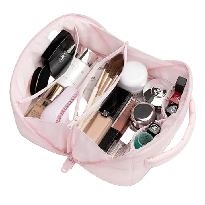 Solid Color Quilted Divided Handheld Makeup Bag, Large Capacity Multi-Compartment Portable Toiletry Storage Case