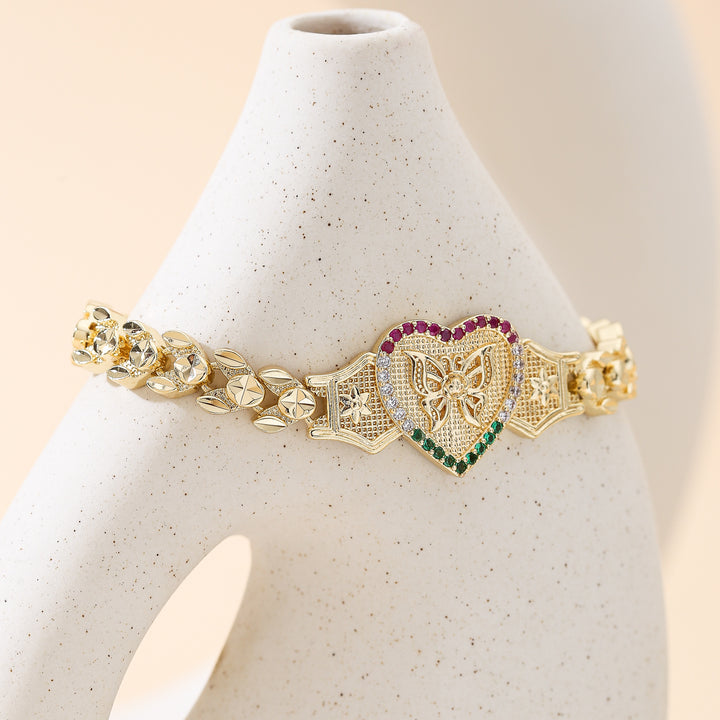 Tri‑Color Heart Butterfly Engraved Adjustable Bracelet