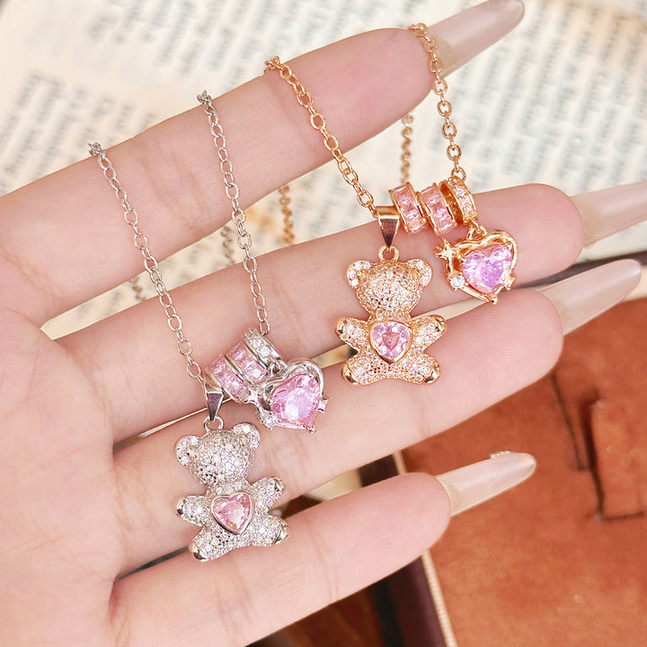 Cute Pave‑Set Bear & Heart Pendant Necklace, Gold & Silver‑Tone Options
