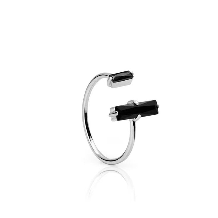 S925 Silver Dual Rectangle Black Diamond Open Ring, Minimal Geometric Asymmetric Black Diamond Adjustable Band